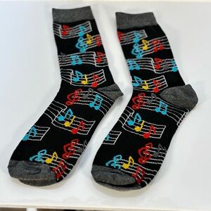Men's Black Music Note Crew Socks - Colorful Musical Pattern